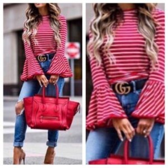 Tops - Red & White Striped Shirt with Bell Sleeves